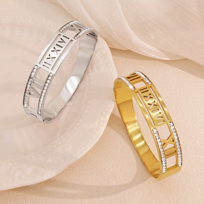 Simple Style Roman Numeral Bangle In Titanium Steel With Zircon Inlay, Electroplated Gold Plating