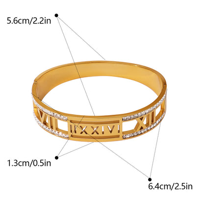Simple Style Roman Numeral Bangle In Titanium Steel With Zircon Inlay, Electroplated Gold Plating
