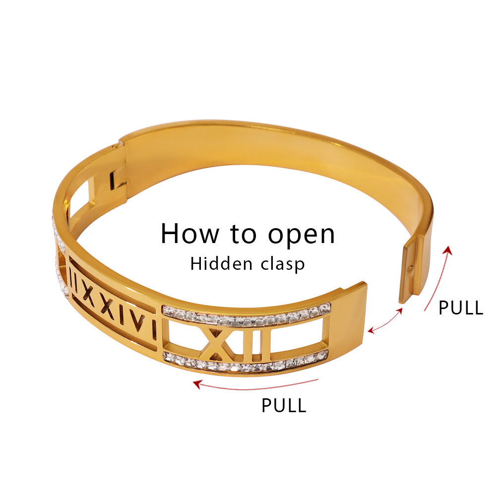 Simple Style Roman Numeral Bangle In Titanium Steel With Zircon Inlay, Electroplated Gold Plating