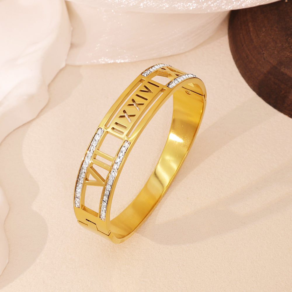 Simple Style Roman Numeral Bangle In Titanium Steel With Zircon Inlay, Electroplated Gold Plating