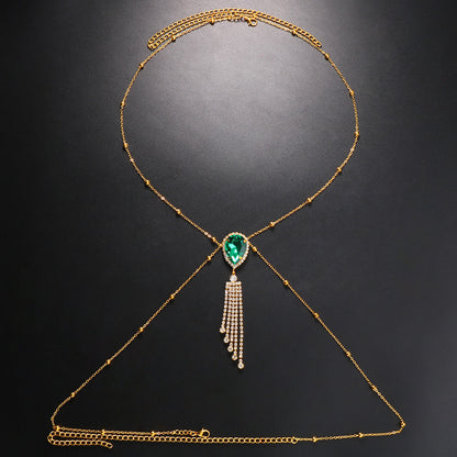 Bohemian Silver Alloy Tassel Body Chain For Women With White Crystal Inlay And Gem Pattern