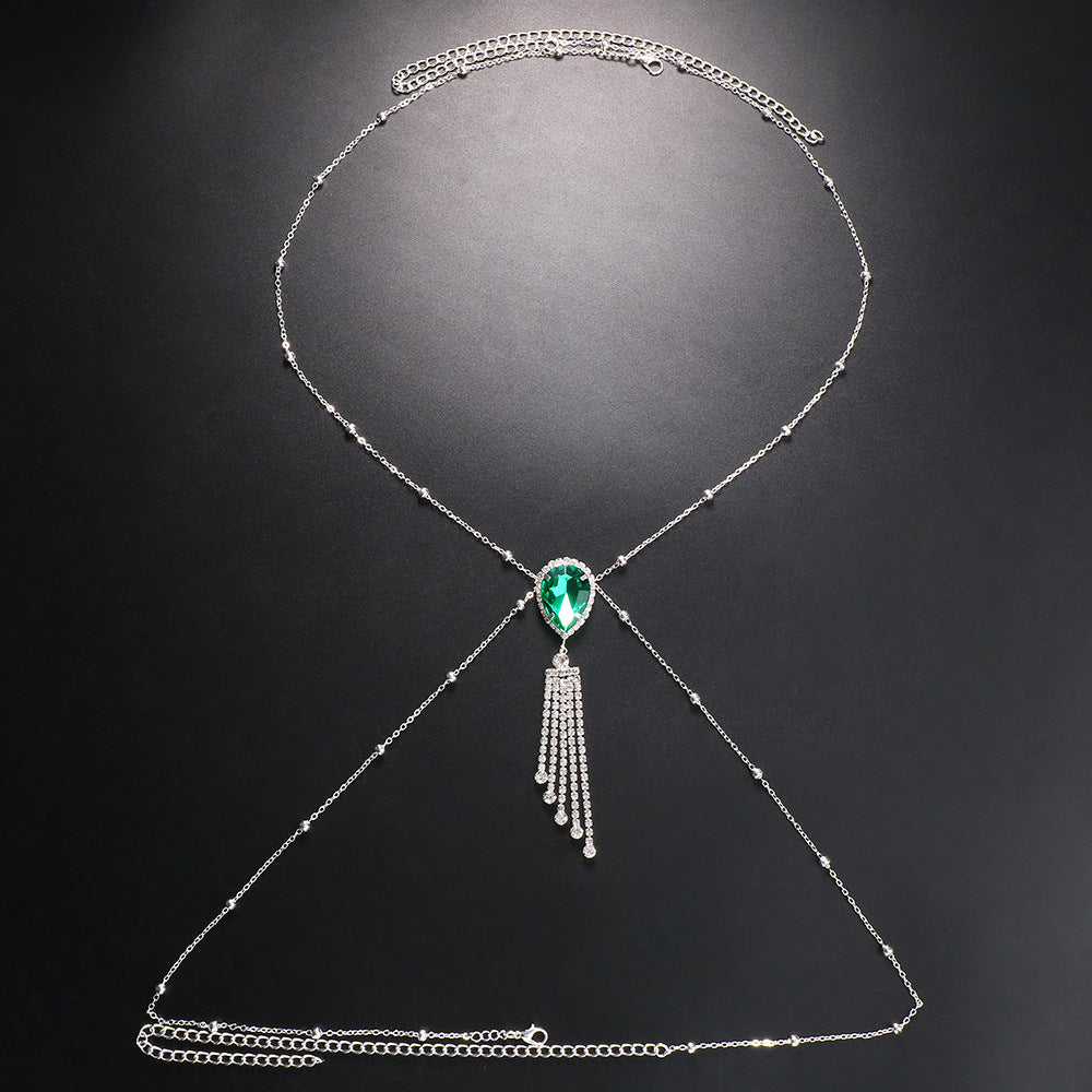 Bohemian Silver Alloy Tassel Body Chain For Women With White Crystal Inlay And Gem Pattern