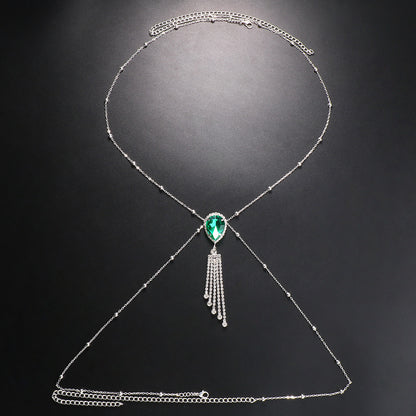 Bohemian Silver Alloy Tassel Body Chain For Women With White Crystal Inlay And Gem Pattern