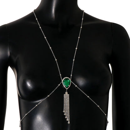 Bohemian Silver Alloy Tassel Body Chain For Women With White Crystal Inlay And Gem Pattern