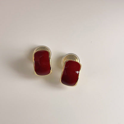 Retro Irregular Enamel Clip Earrings For Women In Wine Red Copper