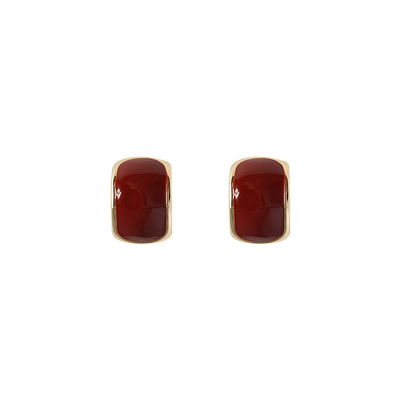 Retro Irregular Enamel Clip Earrings For Women In Wine Red Copper