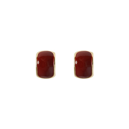 Retro Irregular Enamel Clip Earrings For Women In Wine Red Copper