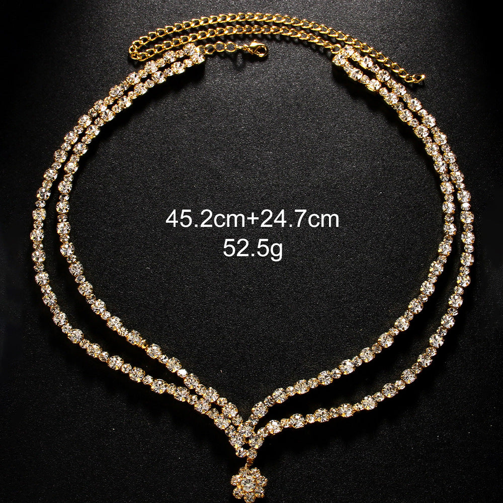 Simple Style Double Layer Necklace For Women With Gold Alloy Flowers Pendant Featuring Rhinestones Inlay