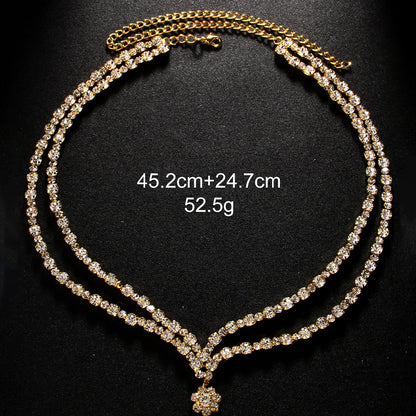Simple Style Double Layer Necklace For Women With Gold Alloy Flowers Pendant Featuring Rhinestones Inlay