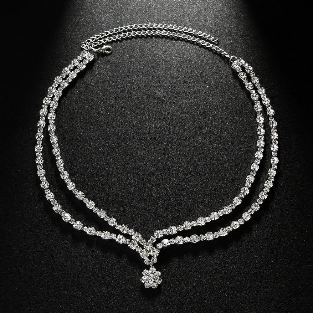Simple Style Double Layer Necklace For Women With Gold Alloy Flowers Pendant Featuring Rhinestones Inlay