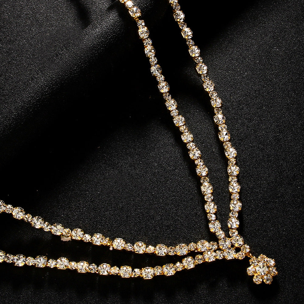 Simple Style Double Layer Necklace For Women With Gold Alloy Flowers Pendant Featuring Rhinestones Inlay