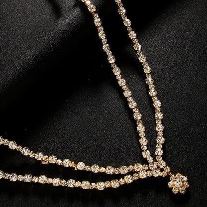 Simple Style Double Layer Necklace For Women With Gold Alloy Flowers Pendant Featuring Rhinestones Inlay