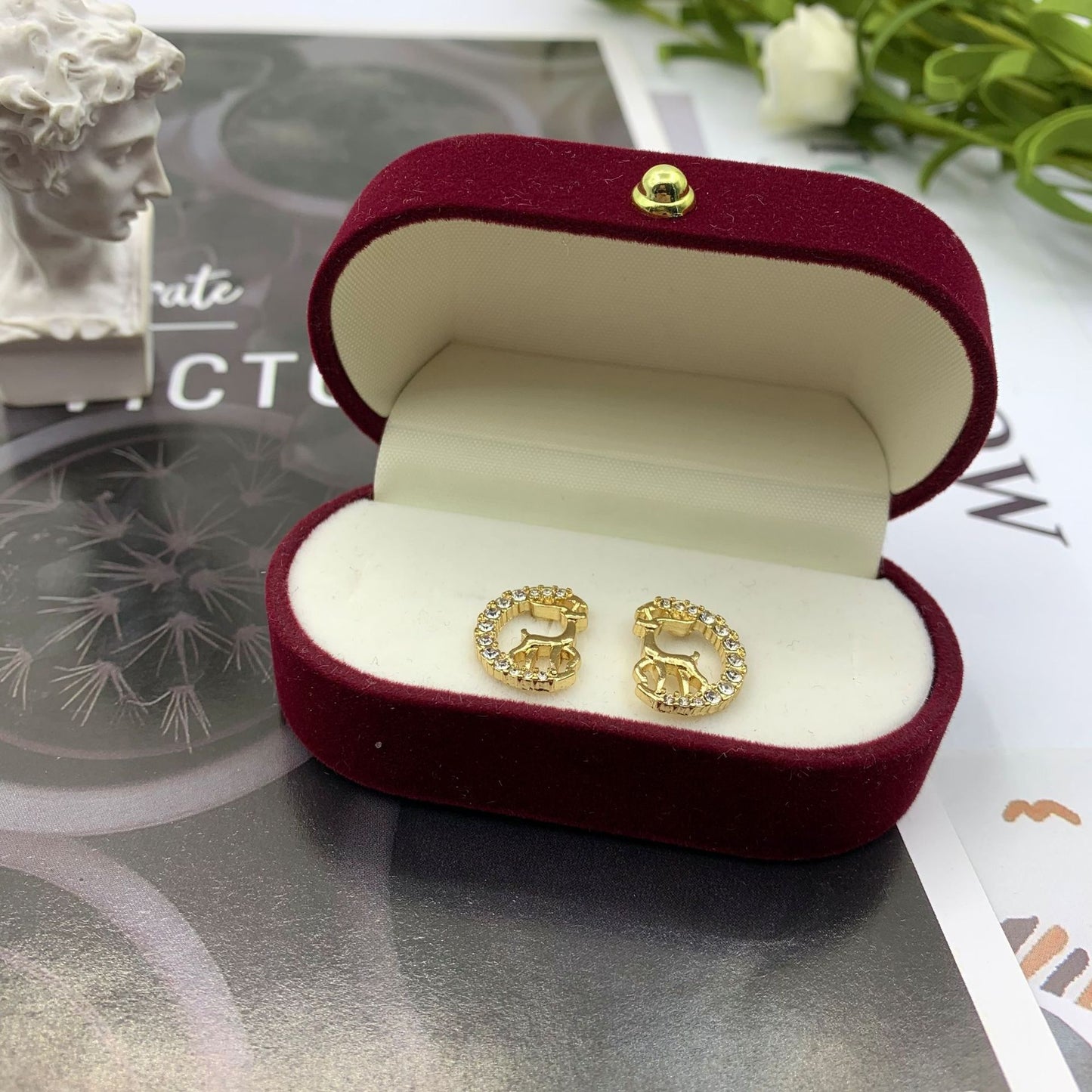 Elk Stud Earrings For Women In Silver Alloy With Electroplated Finish And Artificial Gemstones