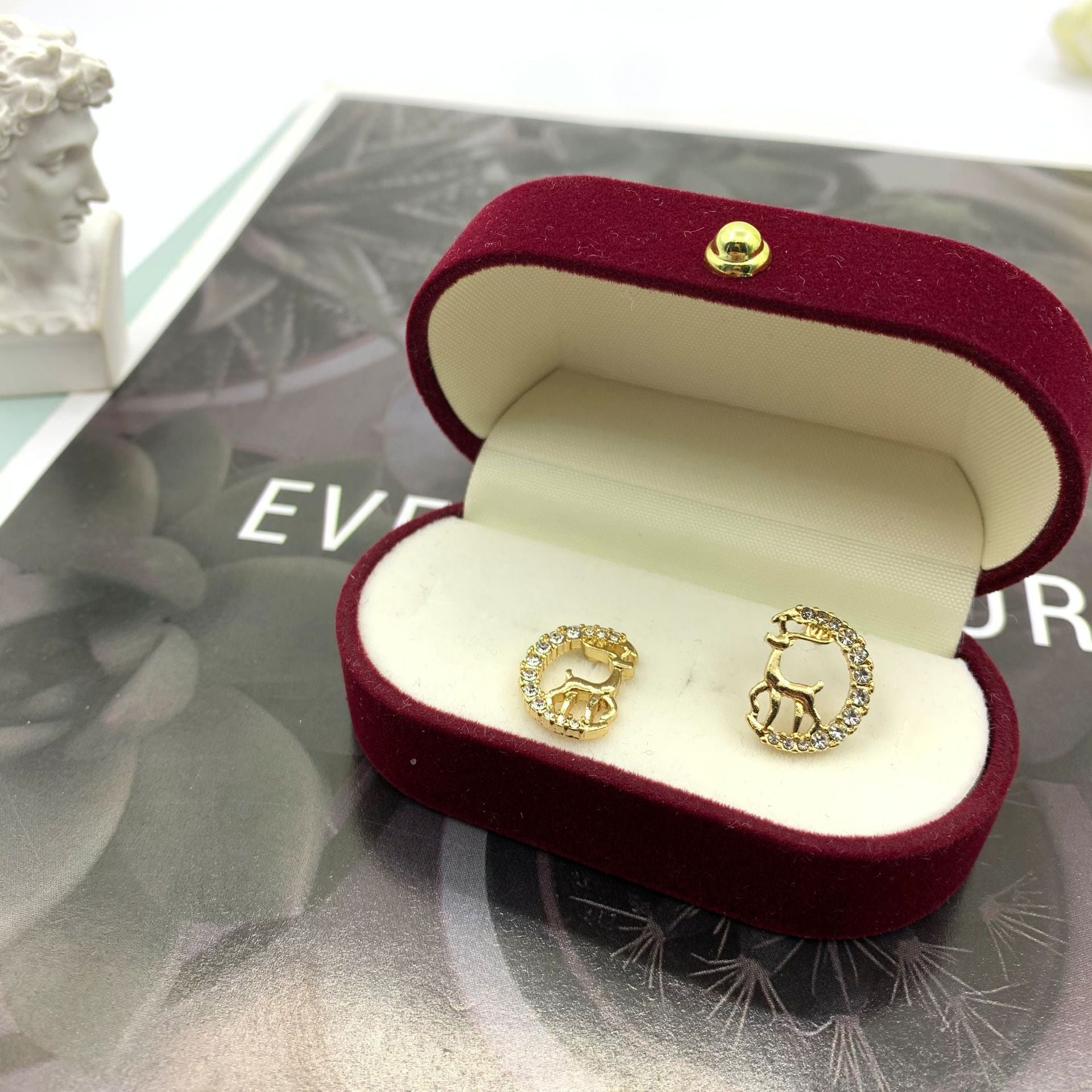 Elk Stud Earrings For Women In Silver Alloy With Electroplated Finish And Artificial Gemstones