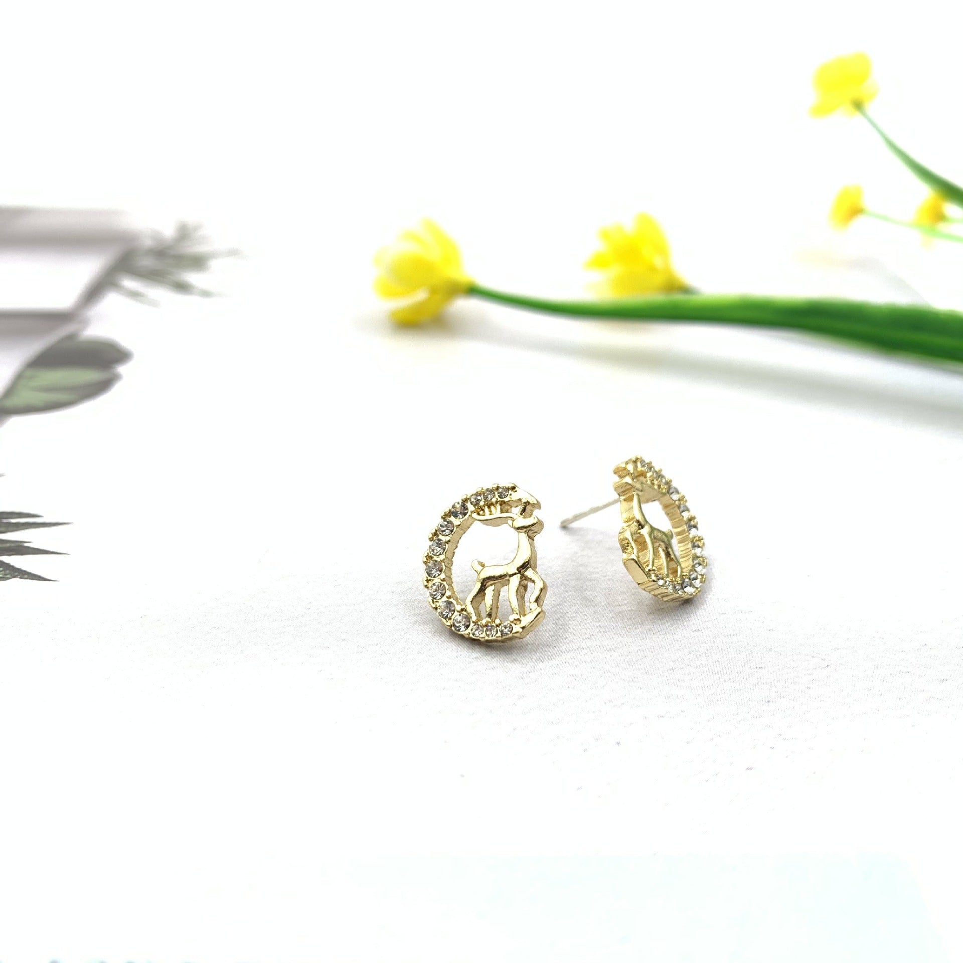 Elk Stud Earrings For Women In Silver Alloy With Electroplated Finish And Artificial Gemstones