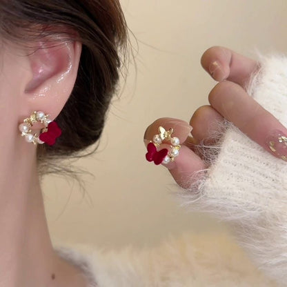 Retro Red Butterfly Stud Earrings With 925 Sterling Silver Posts Featuring Resin Design