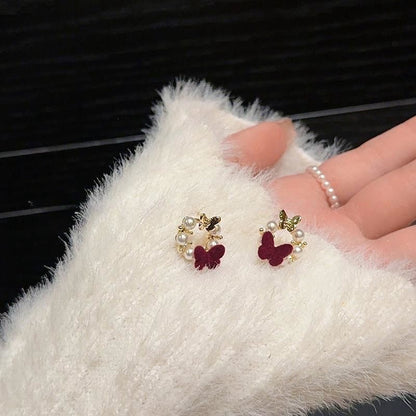 Retro Red Butterfly Stud Earrings With 925 Sterling Silver Posts Featuring Resin Design