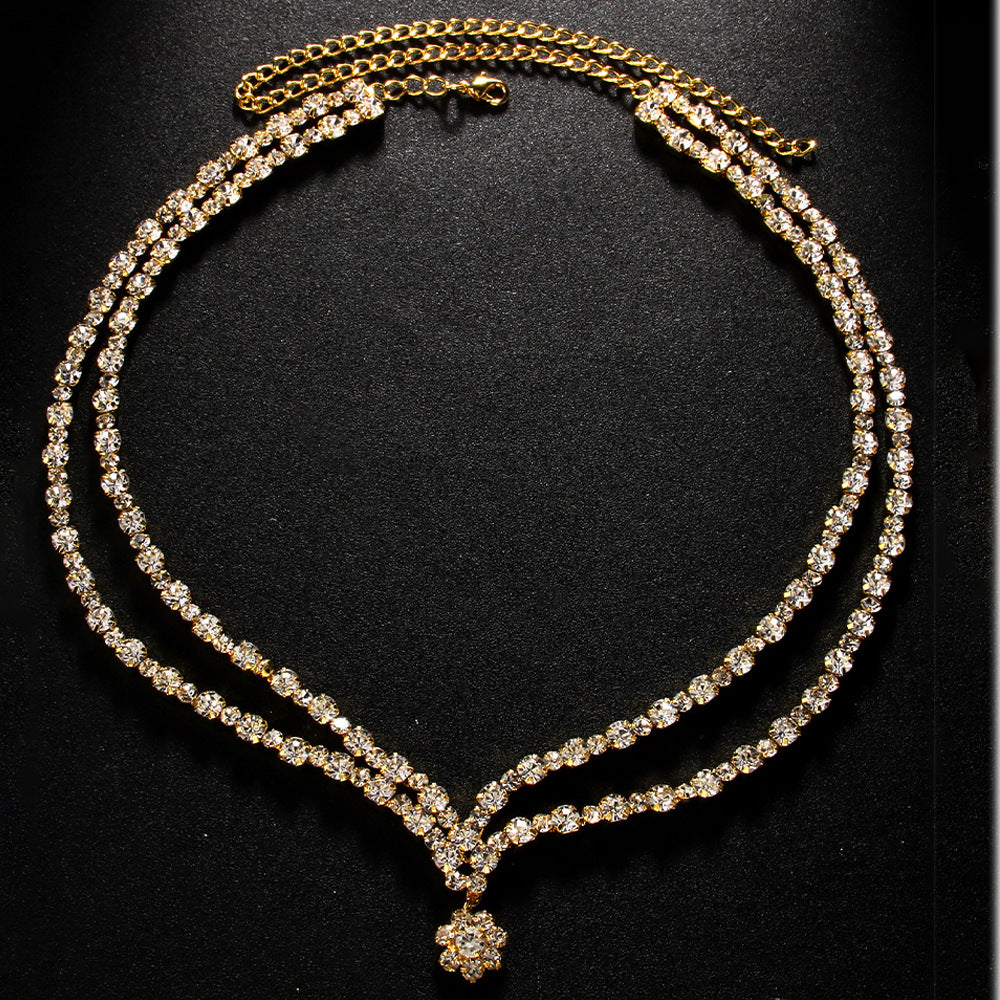 Simple Style Double Layer Necklace For Women With Gold Alloy Flowers Pendant Featuring Rhinestones Inlay