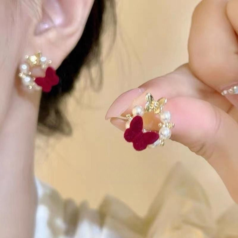 Retro Red Butterfly Stud Earrings With 925 Sterling Silver Posts Featuring Resin Design
