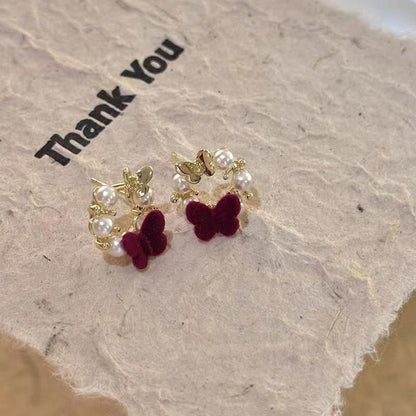 Retro Red Butterfly Stud Earrings With 925 Sterling Silver Posts Featuring Resin Design