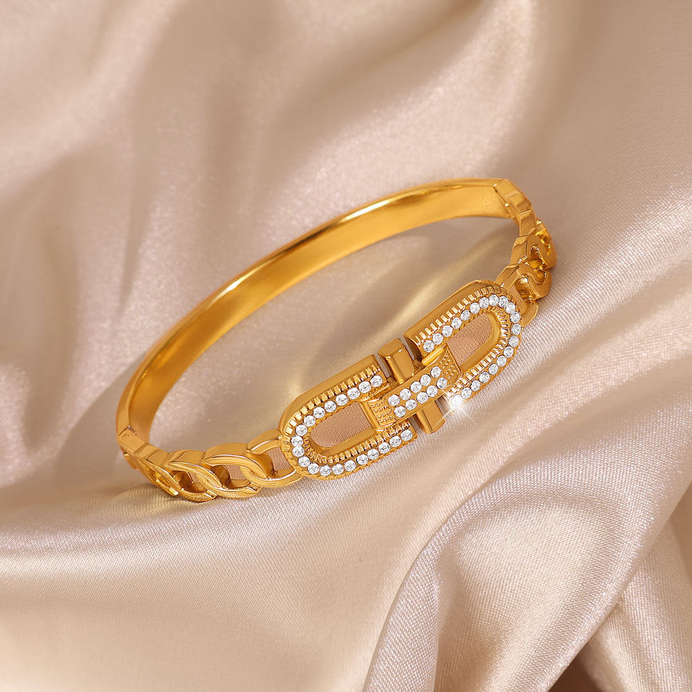 Gold Electroplated Metal Circle Bangle Featuring Zircon Inlay For Elegant Style