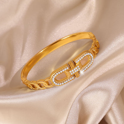 Gold Electroplated Metal Circle Bangle Featuring Zircon Inlay For Elegant Style