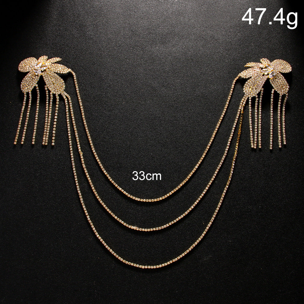 Gold Tassel Body Chain For Women With Rhinestones Featuring Elegant Flower Pattern