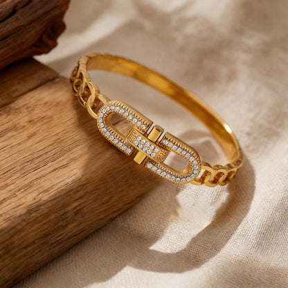 Gold Electroplated Metal Circle Bangle Featuring Zircon Inlay For Elegant Style