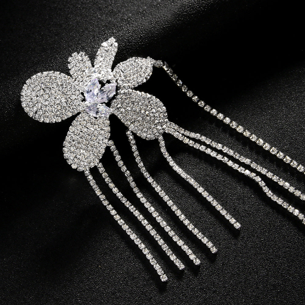 Gold Tassel Body Chain For Women With Rhinestones Featuring Elegant Flower Pattern