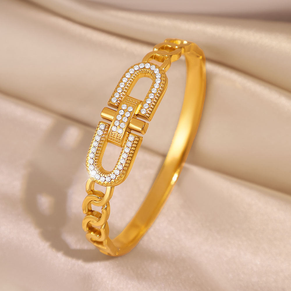 Gold Electroplated Metal Circle Bangle Featuring Zircon Inlay For Elegant Style