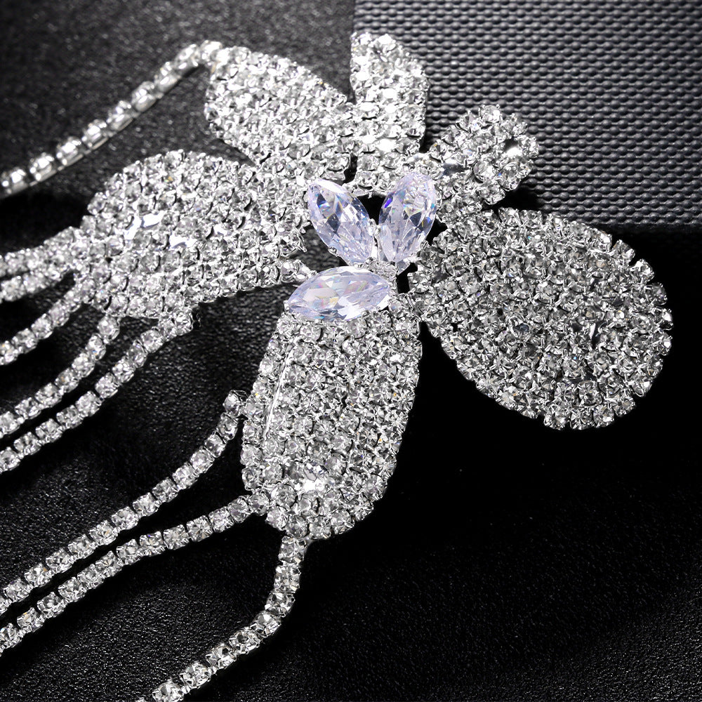 Gold Tassel Body Chain For Women With Rhinestones Featuring Elegant Flower Pattern