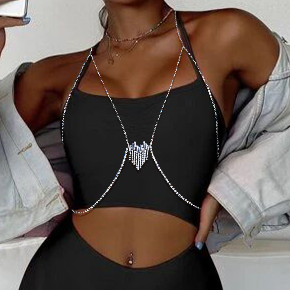 Simple Style Silver Alloy Tassel Body Chain For Women With Heart Shape Rhinestone Inlay