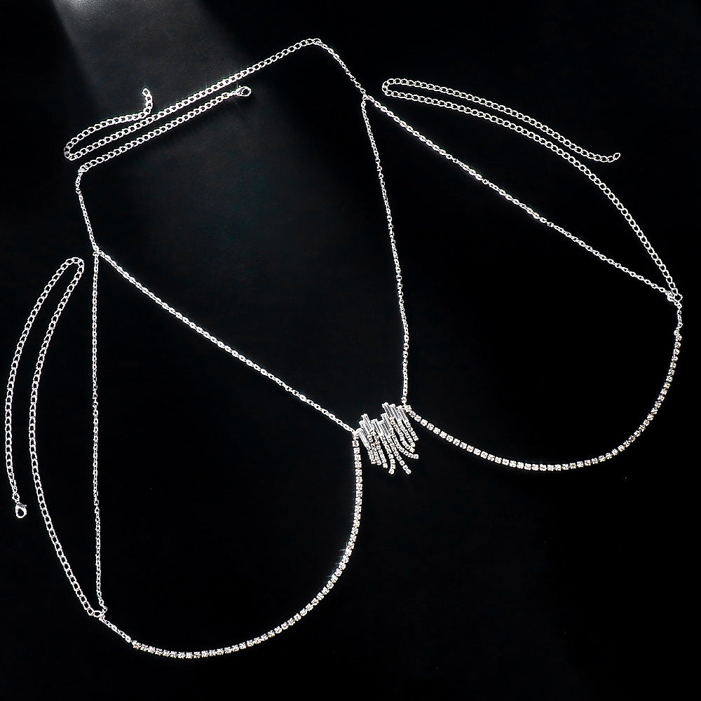 Simple Style Silver Alloy Tassel Body Chain For Women With Heart Shape Rhinestone Inlay
