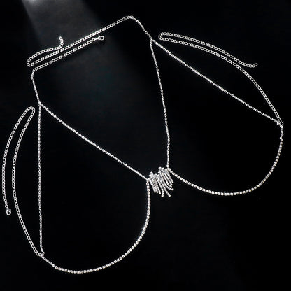 Simple Style Silver Alloy Tassel Body Chain For Women With Heart Shape Rhinestone Inlay