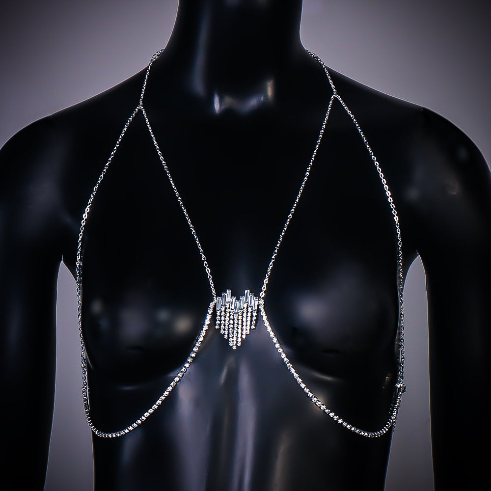 Simple Style Silver Alloy Tassel Body Chain For Women With Heart Shape Rhinestone Inlay