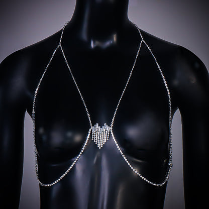 Simple Style Silver Alloy Tassel Body Chain For Women With Heart Shape Rhinestone Inlay