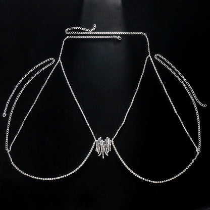 Simple Style Silver Alloy Tassel Body Chain For Women With Heart Shape Rhinestone Inlay