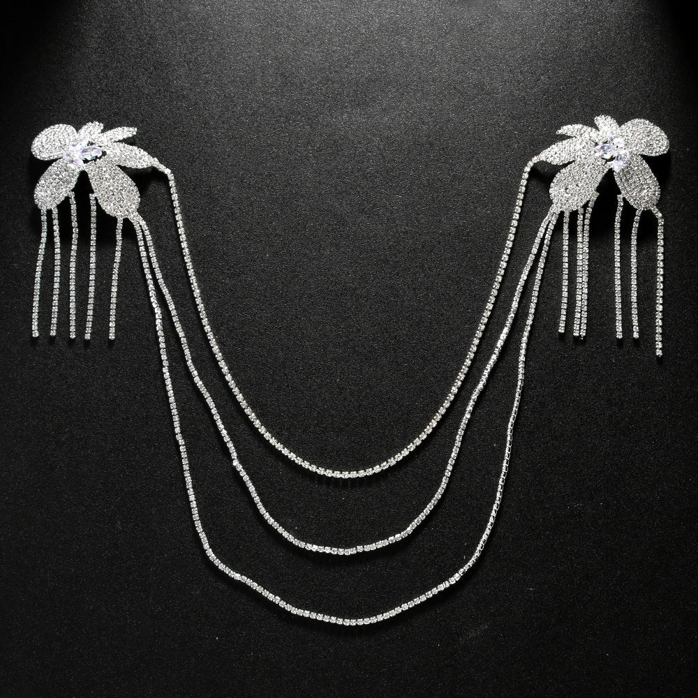 Gold Tassel Body Chain For Women With Rhinestones Featuring Elegant Flower Pattern