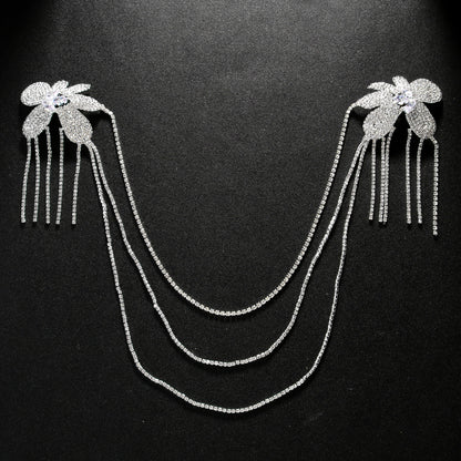 Gold Tassel Body Chain For Women With Rhinestones Featuring Elegant Flower Pattern