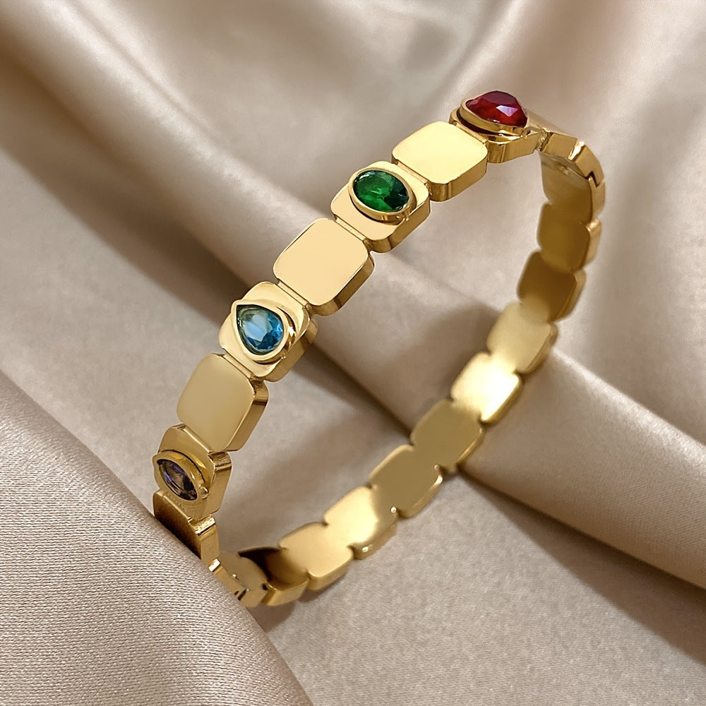 Women’s Water Droplets Bangle In Gold Titanium Steel With Electroplated Finish And Zircon Inlay