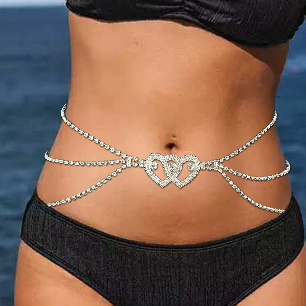 Heart Shape Alloy Waist Chain With Artificial Gemstones, Electroplated Finish, Silver For Women