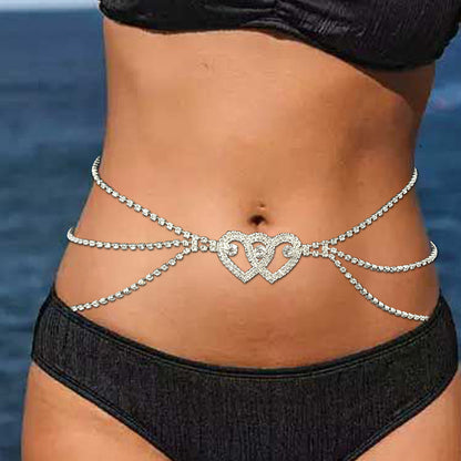 Heart Shape Alloy Waist Chain With Artificial Gemstones, Electroplated Finish, Silver For Women
