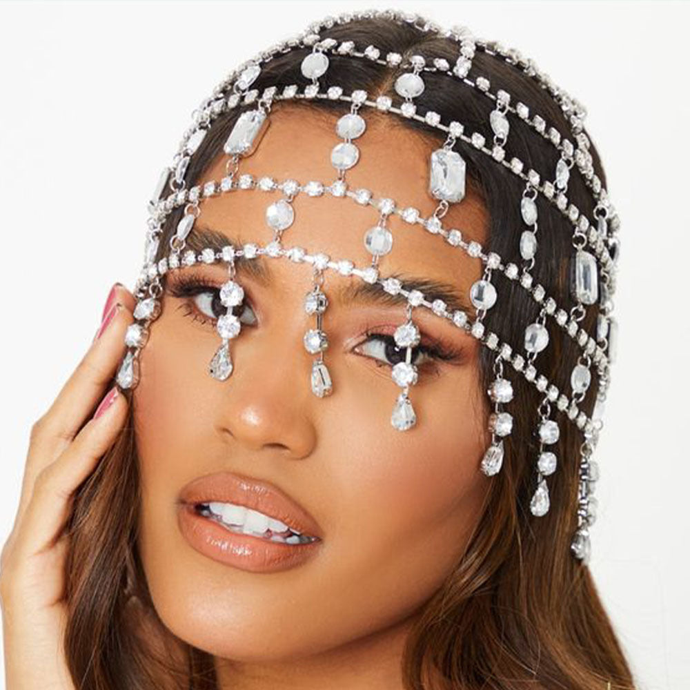 Exaggerated Grid Hair Chain For Women In Gold Alloy With Rhinestone Inlay, Stylish Hair Accessory