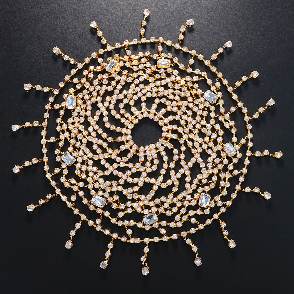 Exaggerated Grid Hair Chain For Women In Gold Alloy With Rhinestone Inlay, Stylish Hair Accessory