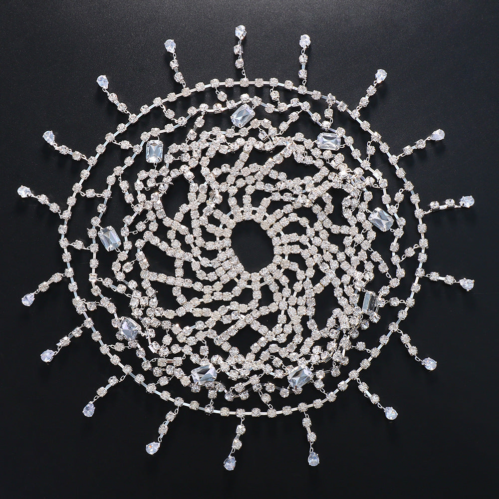 Exaggerated Grid Hair Chain For Women In Gold Alloy With Rhinestone Inlay, Stylish Hair Accessory