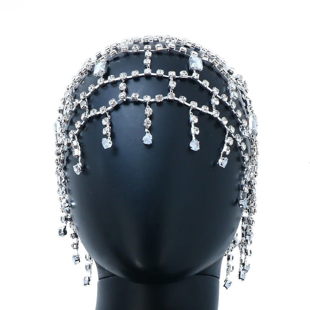 Exaggerated Grid Hair Chain For Women In Gold Alloy With Rhinestone Inlay, Stylish Hair Accessory
