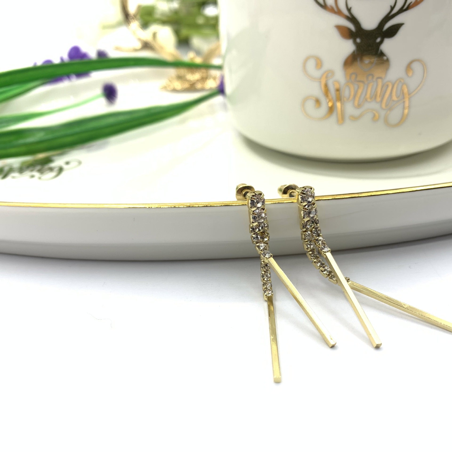 Silver Tassel Stud Earrings For Women In , Alloy With Rhinestone Inlay