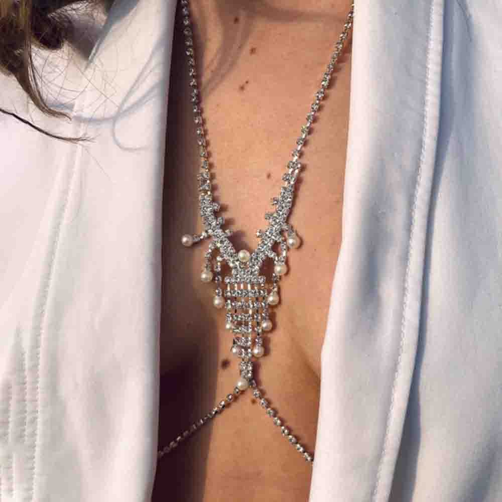 Gold Alloy Women's Body Chain With Pearl Pattern And Electroplated Finish, Featuring Rhinestones, Elegant Chest Jewelry