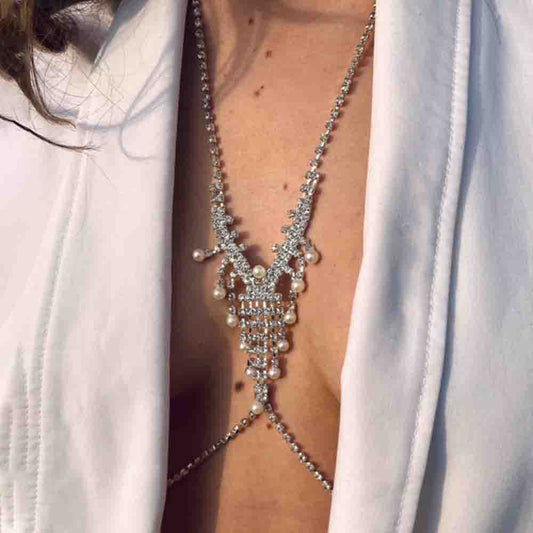Gold Alloy Women's Body Chain With Pearl Pattern And Electroplated Finish, Featuring Rhinestones, Elegant Chest Jewelry
