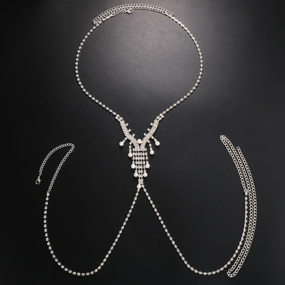 Gold Alloy Women's Body Chain With Pearl Pattern And Electroplated Finish, Featuring Rhinestones, Elegant Chest Jewelry